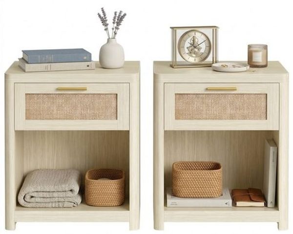 VASAGLE Nachttisch, 2er Set, Boho-Stil, Beistelltisch, mit Schublade in Rattan-Optik, beige