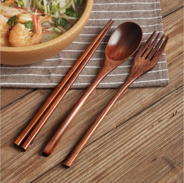 Blusmart Besteck-Set Holzgeschirr Gabel Löffel Essstäbchen 3-teiliges Set (3-tlg), Massivholz Langer Griff Löffel Essstäbchen tragbares Geschirr