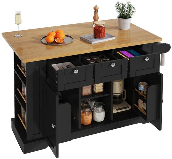 SeedWave Kücheninsel mit klappbarer 70 cm Tischplatte, 3 Schubladen, USB-Ladestation, Doppeltüren, Seitenregalen, Rollen mit Feststeller