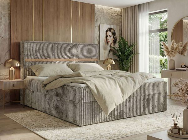 Premium Boxspringbett ORVO 160x200 cm mit Stauraum, Multipocket-Matratze 7 Härtezonen, H4, zwei Bettkästen - Topper Visco - Hellbraun Cord