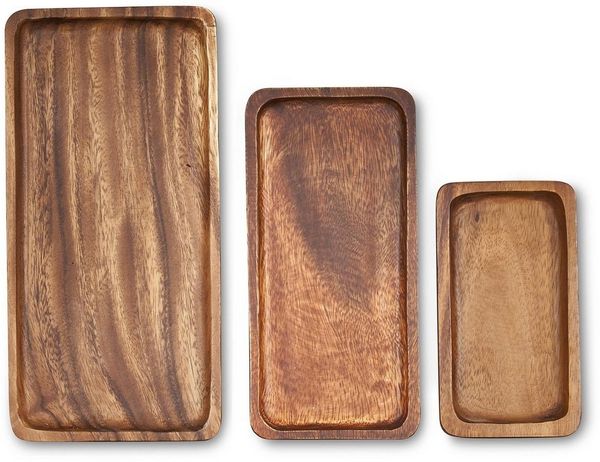 Levandeo® Dekotablett, 3er Set Tablett rechteckig Holz Akazienholz Holzschale Snackschale