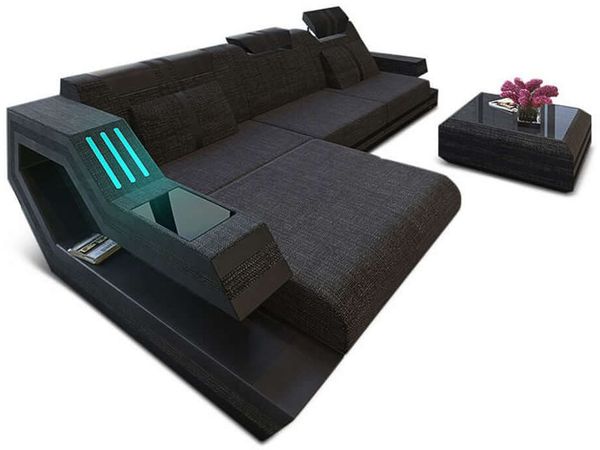 Polstersofa Materialmix Ravenna L-Form LED - Strukturstoff - Schwarzgrau-Schwarz - Links