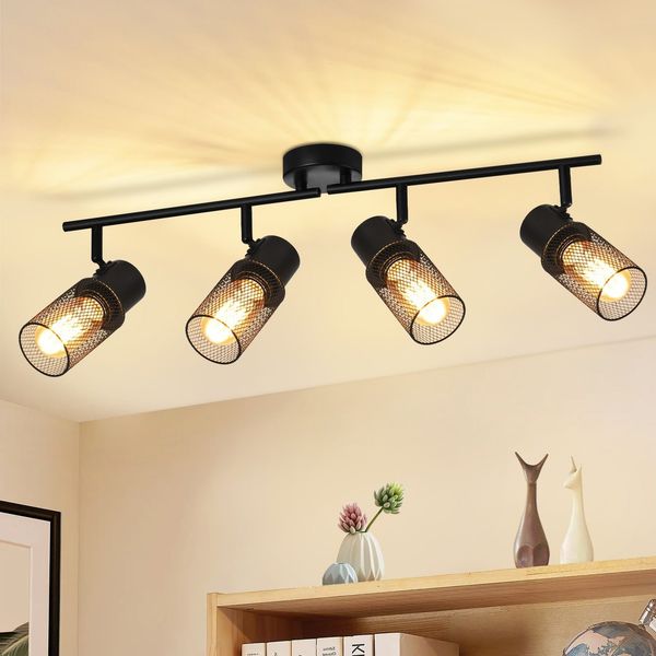 ZMH Deckenstrahler 4 Flammig Vintage Deckenleuchte - Deckenspots Schwarz Metall E27 Spot Deckenlampe Verstellbar 330°Strahler für Wohnzimmer Schlafzimmer Küche Kinderzimmer ohne Leuchtmittel