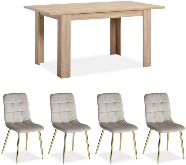 Esstisch mit 4 Stühlen Set Essgruppe Samt Polsterstühle Creme Küchentisch Modern Holz Natur 120x80 cm Esszimmertisch Massiv