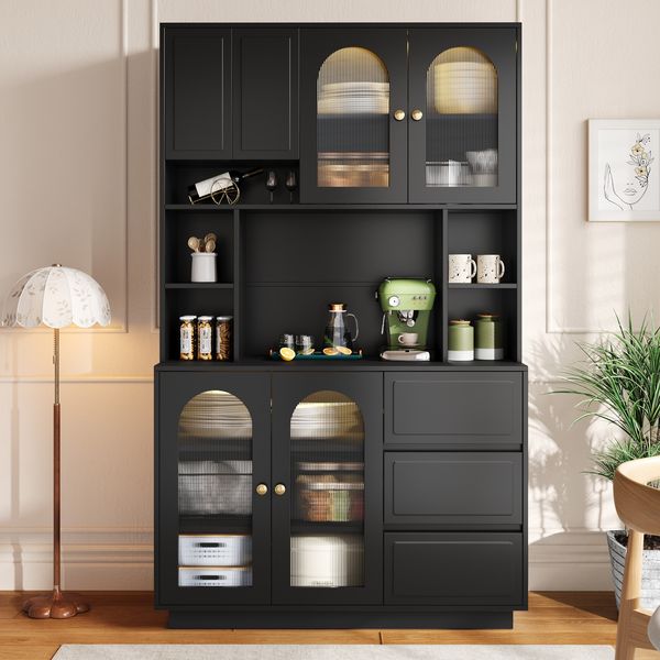 Merax Hoher Sideboard Schrank, Küchen Staurschrank mit Bogen-Acryltüren, Bar-Schrank mit offenen Fächern, Schrank mit APP-gesteuerter farbverstellbarer LED-Beleuchtung, Schwarz