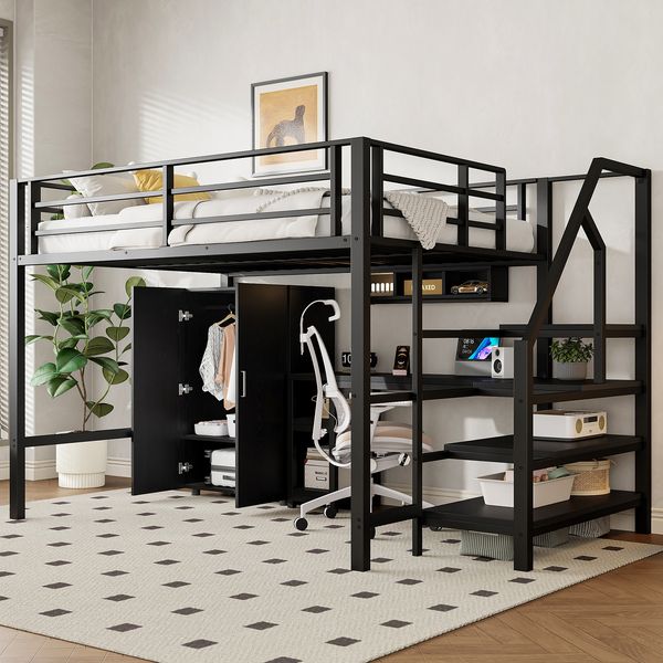 Hochbett, 140*200cm , Kleiderschrank, Regale, Ablageleiter, Schreibtisch, ohne Matratze, Schwarz