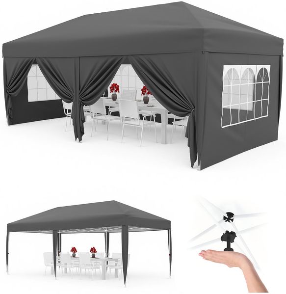 Faltpavillon 3x6 m wasserdicht stabil mit 6 Seitenwänden – Pop up Pavillon faltbar aus 420D Oxford, UV-Schutz 50+, 3-Fach höhenverstellbar, Partyzelt mit Tragetasche für Garten & Outdoor Grau