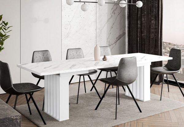 Home Collective Esstisch ausziehbar Tisch Küchentisch Esszimmertisch Ausziehtisch (160-240x80 cm Esszimmer Küche Wohnzimmer Esstisch erweiterbar), Säulengestell in Lamellen-Optik, Weiß Marmor-Optik, Weiße Beine