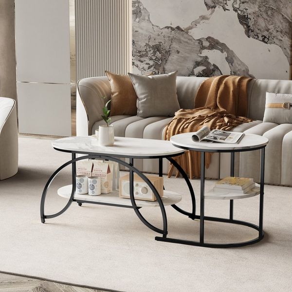 PXloue Couchtisch rund Beistelltisch Satztische 2er Set, 2 in 1 Mit Marmormuster Tischplatte, 80 x 46 x 45 cm/52x51 cm
