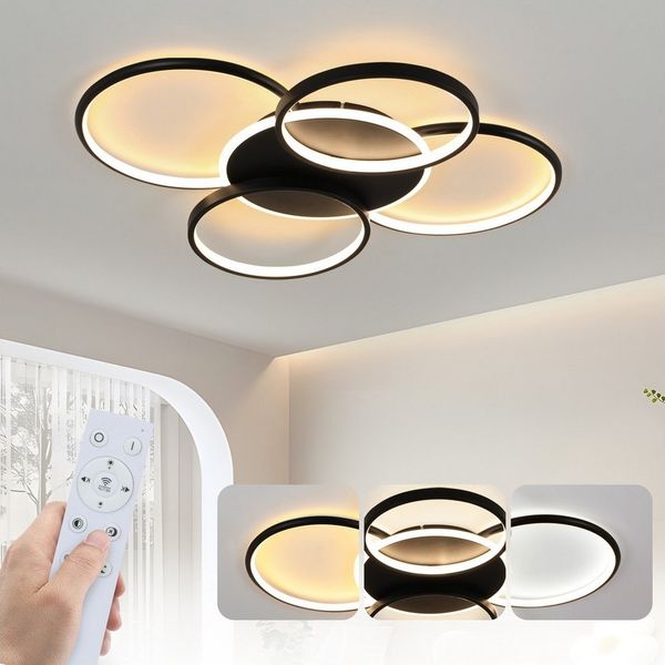 ZMH LED Deckenleuchte Wohnzimmer Dimmbar 5-Ringen 70W Deckenlampe für Büro Esszimmer, Augenschutz, Einfache Installtion, LED fest integriert, 3000-6500K, Schwarz Modern Acryl Schlafzimmerlampe mit Fernbedienung