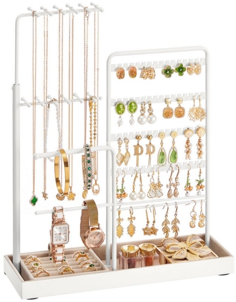 SONGMICS Schmuckständer, Schmuckhalter, Metallrahmen, Schmucktablett Samt, ausziehbarer Kettenhalter, 30,9-47,5 cm hoch, Schmuckaufbewahrung, mattweiß