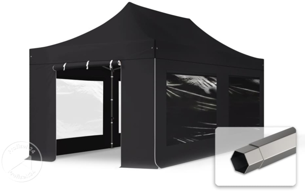 3x6 m Faltpavillon, PREMIUM Stahl 40mm, feuersicher, Seitenteile mit Panoramafenstern, schwarz