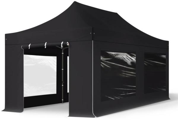 3x6 m Faltpavillon, PREMIUM Stahl 40mm, feuersicher, Seitenteile mit Panoramafenstern, schwarz