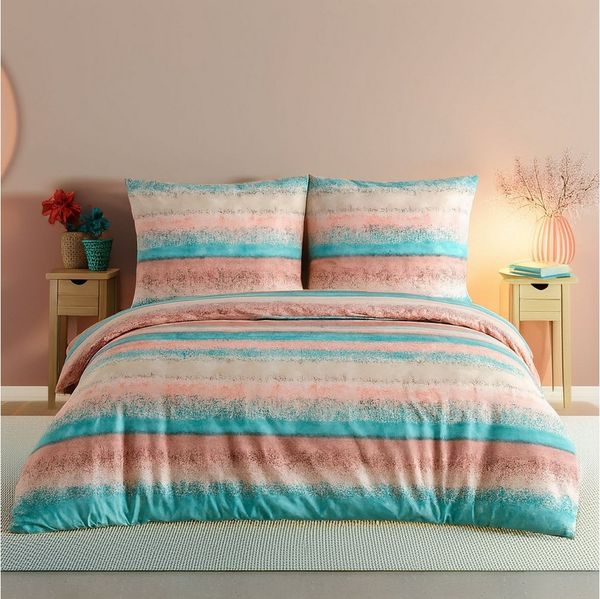 Buymax Bettwäsche Belissim Bettbezug-Set, Renforce: 100% Baumwolle, 3 teilig, 200x200 cm, mit Reißverschluss, Streifen, gestreift, Rose-Türkis