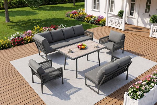 KLAM HOME Gartenlounge-Set Halbmond-Gartenlounge-Set 8 Personen, Eisengestell, graue Polster, (Outdoor Sofa Set mit Holzimitat-Glastisch & 2 geflochtenen Sesseln), Gartenmöbel-Set L-Form wetterfest für Garten, Terrasse & Balkon