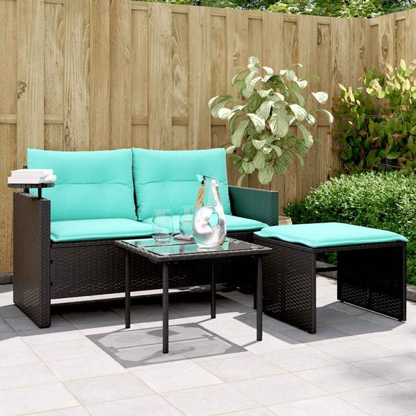vidaXL 3-teiliges Gartensofa-Set mit Kissen, schwarzes Polyrattan 365466