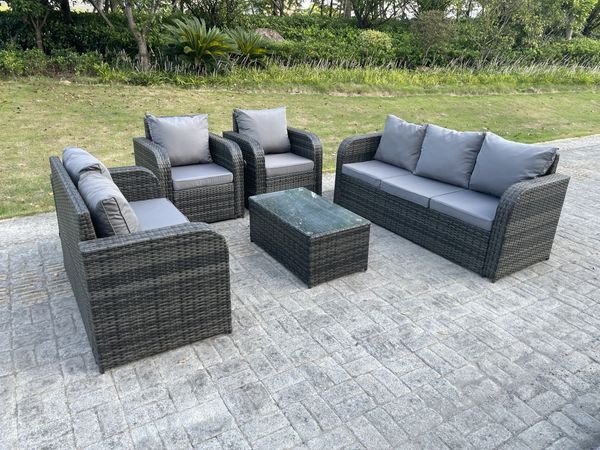 Fimous Polyrattan Gartenmöbel Set 7-Sitzer Balkonmöbel Set Outdoor Garten Sofa Sitzgruppe Lounge Loveseat mit Kissen;Couchtisch Dunkelgrau Gemischt
