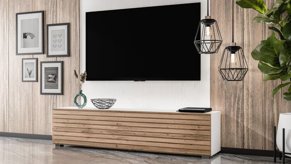 AX LIVING Zivolli TV-Board 160 cm Weiß mit Wotan Lamellenfront