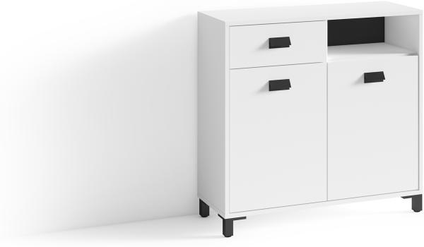 byLIVING Badezimmer Kommode WELLNESS in Melamin weiß, Griffe aus Metall in schwarz / Badschrank mit einer Schublade und zwei Türen / B 80,5, H 77,5, T 31 cm