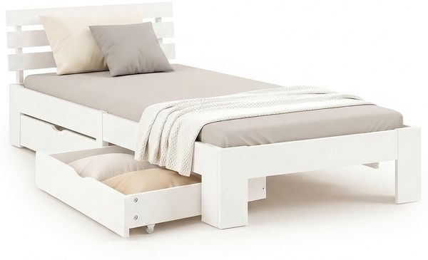 Einzelbett mit 2 Bettkästen 90x200 Holzbett Futonbett Weiß Kiefer Bett Bettgestell Massivholz