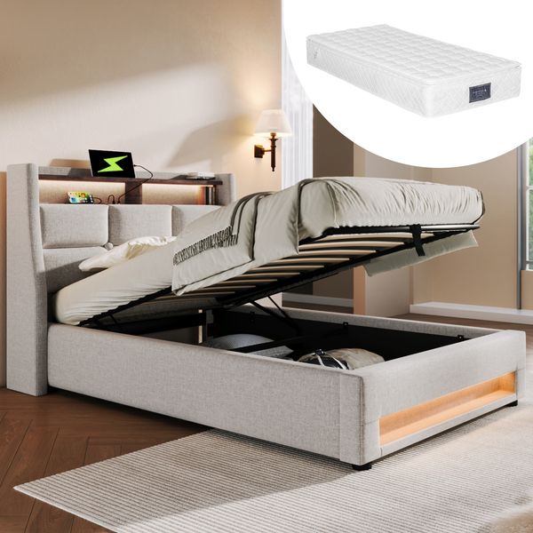 Polsterbett, Leinenstoff mit LED & USB-Anschluss, inkl. Matratze, 90x200 cm, Beige