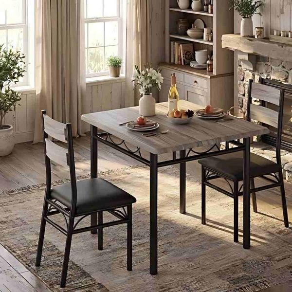 GarveeMore Essgruppe Essgruppe (3-teilig) mit Tisch und Stühlen für zwei Personen, 70 x 70 x 75 cm Stabiles Metallgestell für Küche Wohnung kleine Räume