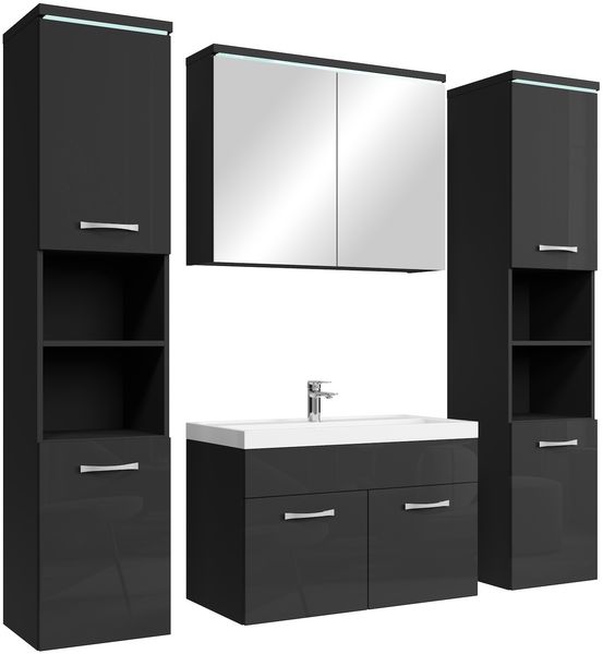 Badplaats Badmöbel Komplettset Paso XL LED 80x40 cm Schwarz Hochglanz - Badezimmermöbel mit Waschbecken, Spiegelschrank und 2 Badezimmerschränke
