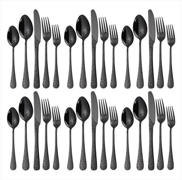 KingLux Besteck-Set 30teilig Schwarz Besteck Set mit Messer Gabel Löffel Spülmaschinenfest (30-tlg), 6 Personen, Edelstahl