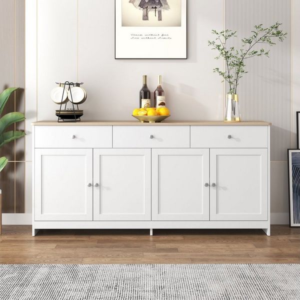 Ulife Sideboard Weiß Kommode mit 3 Schubladen und 4 Klappen, 160x37x75cm