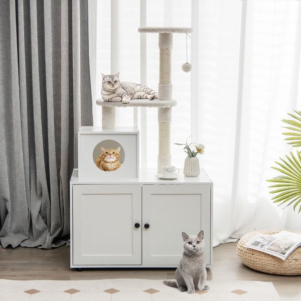 Katzenschrank mit Kratzbaum & Sisal-Kratzbaum Gehäuse für Katzentoiletten Katzenmöbel Weiß