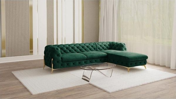 S-Style Möbel Ecksofa mit Ottomane Chesterfield Ashley mit Goldene Metall Füßen, Ottomane links oder rechts bestellbar, mit Wellenfederung