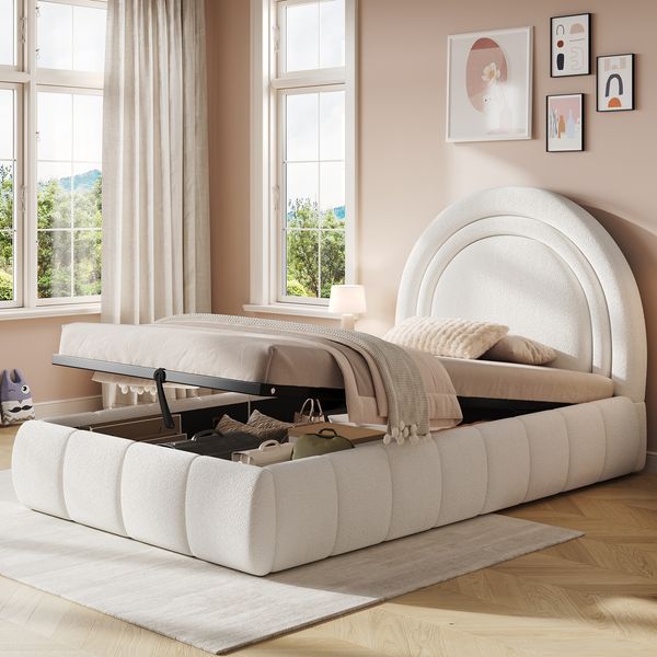 Polsterbett, Einzelbett, Kinderbett 90x200 cm, hydraulisches Funktionsbett, Bett mit Lattenrost, Kopfteil und großem Stauraum, gepolstertes Kopfteil, bouclé, beige