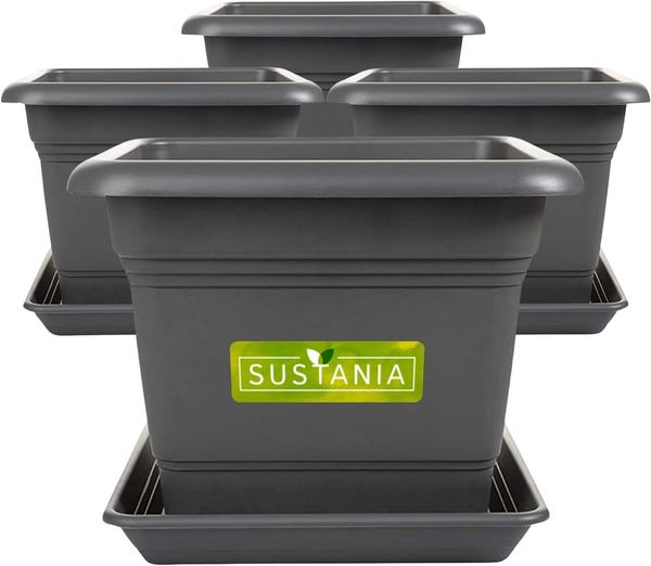 SUSTANIA Blumentopf Pflanzkübel Groß Außen inkl. Untersetzer (4er Set - 40x40), Großer Übertopf Anthrazit, Hoher Pflanzentopf für Garten & Terrasse