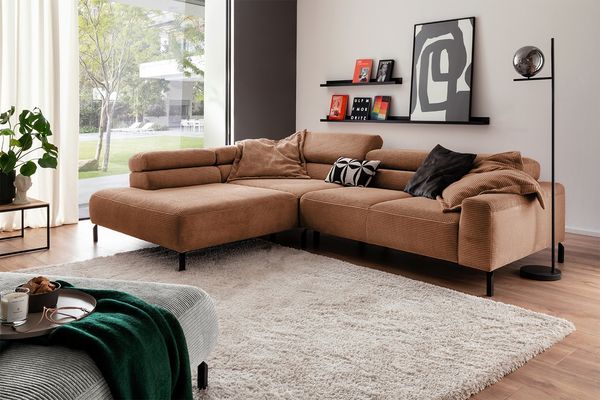 KAWOLA Sofa DELIA Ecksofa XL Cord rost Recamiere links 74 x 219 x 312 cm