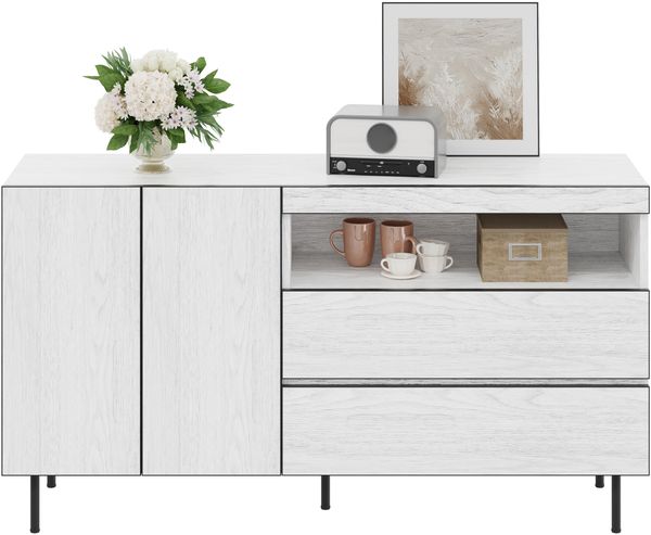Modernes, minimalistisches Sideboard,Doppeltüren,Doppelschubladen,Offene Regale,Multifunktionaler Aufbewahrungsschrank für Wohn- und Esszimmer