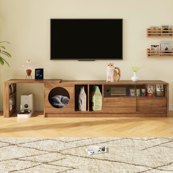 Drehbarer & ausziehbarer TV-Schrank mit Katzenbereich, Nussbaum, 180/260x40x50 cm