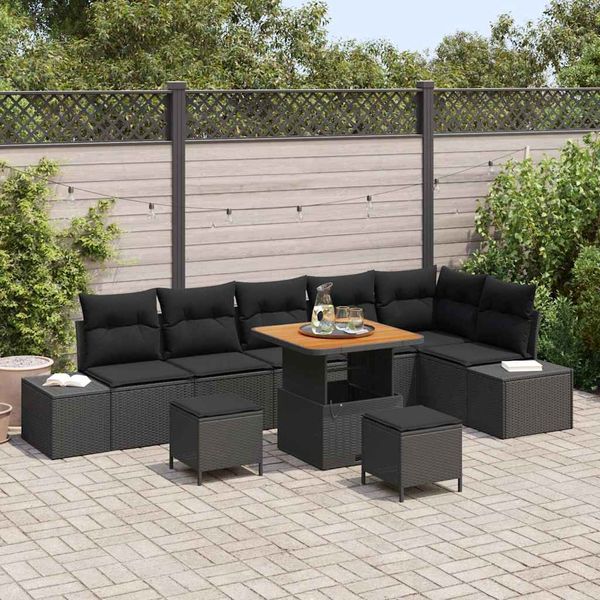 vidaXL Gartensofa-set mit Kissen 9 pcs Schwarz Poly-Rattan 3362799