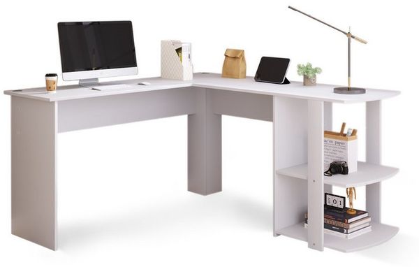 KLAM HOME Eckschreibtisch L-Förmiger Eckschreibtisch 140cm mit Ablagefach (Moderner Schreibtisch in Weiß mit Stauraum), Platzsparender Computertisch für Homeoffice