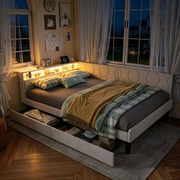 Simurq Polsterbett Daybett mit LED-Beleuchtung und USB, Schlafsofa Tagesbett Jugendbett (1 tlg, ohne Matratze), Sofabett, Doppelbett mit Lattenrost, Samtstoff, 140x200 cm