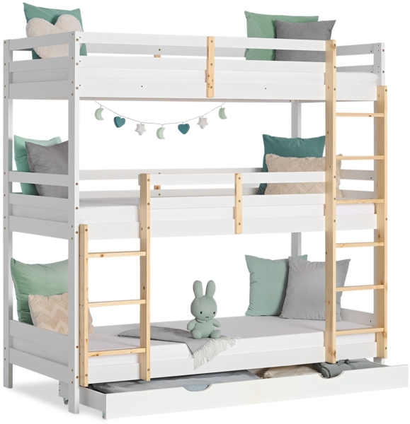 Kinderbett Etagenbett 90x200 cm Dreifachbett Hochbett mit Bettkasten Weiß Holz Natur Stockbett Spielbett