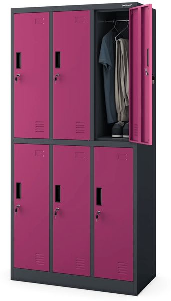 Umkleideschrank Spind IGOR - 6 Abteile, Etikettenhalter Lüftungsschlitze | Umkleidespind Schließfachschrank Garderobenspind, 185x90x45cm Anthrazit-Lila