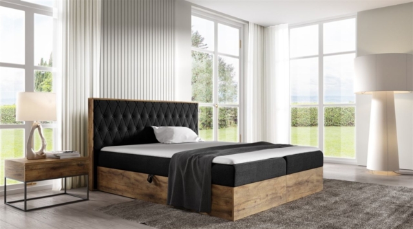 Boxspringbett Bett BROMIA 160x200 cm Lancelot Eiche Stoff Schwarz inkl Bettkasten