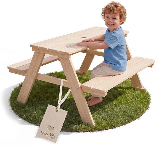 roba Kinder Outdoor+ Sitzgruppe "Picknick for 4" - Sitzgarnitur aus Massivholz - Natur