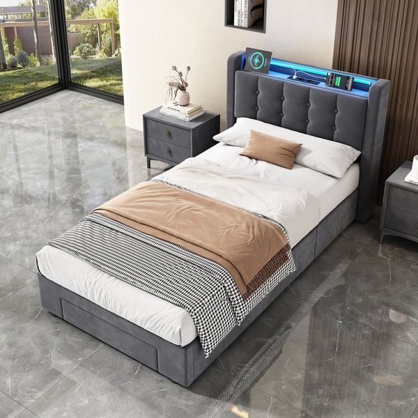 STILVORA Polsterbett 90×200 mit matratze&bettkasten,Bettgestelle Boxspringbett mit USB&LED (Funktionsbett mit Fernbedienung, Gepolsterter Rand, Samtstoff, Metallrahmen, Kompfort, Grau), Jugendbett ohne matratze, Stauraumbett für verschiedene Raumstile