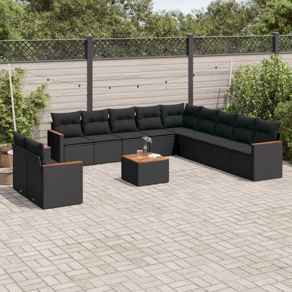vidaXL 12-tlg. Garten-Sofagarnitur mit Kissen Schwarz Poly Rattan 3226132