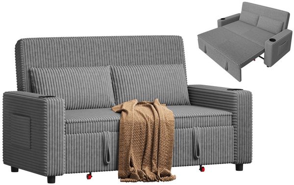 GUNJI Sofa Mit Bettfunktion, mit ausziehbarer sofas wohnzimmer, Hochwertiges Cordsofa mit zwei integrierten Getränkehaltern, ausziehbarem Doppelschlafsofa mit fünf Liegepositionen, geeignet für Wohn- und Schlafzimmer.