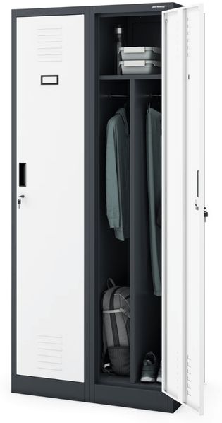 Umkleideschrank Spind KACPER - 2 Abteile, Etikettenhalter Lüftungsschlitze | Umkleidespind Metall Schließfachschrank Garderobenspind, 180x80x50cm Anthrazit-Weiß