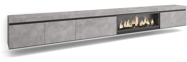 Skraut Home | TV-Schrank, Lowboard | für Wohnzimmer und Esszimmer | 368 x 45 x 35 | Elektrokamin XXL | Hängend| Moderner Stil | Zement