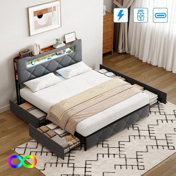 Gdood Polsterbett LED Stauraumbett 140x200 cm, Doppelbett mit Kopfteil und 4 Schubladen (1-tlg, Samtmaterial Polsterbett mit RGB Beleuchtung), Bett mit Lattenrost, Ladefunktion, Komforthöhe und leisem Design