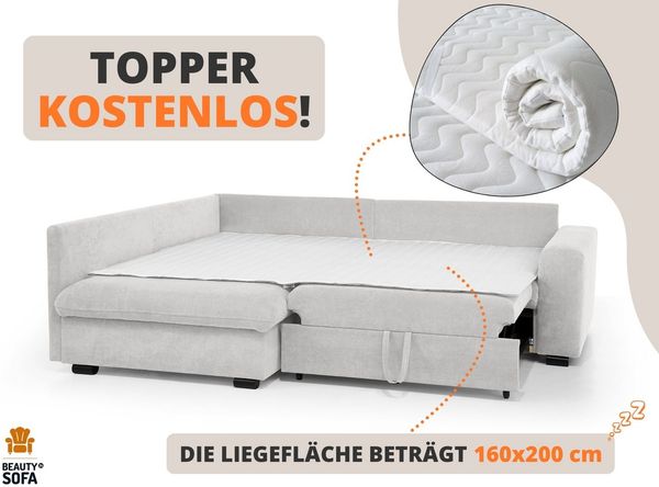 Beautysofa Ecksofa RAMO mit Schlaffunktion 160x200 cm, im Set mit Topper Bild 4